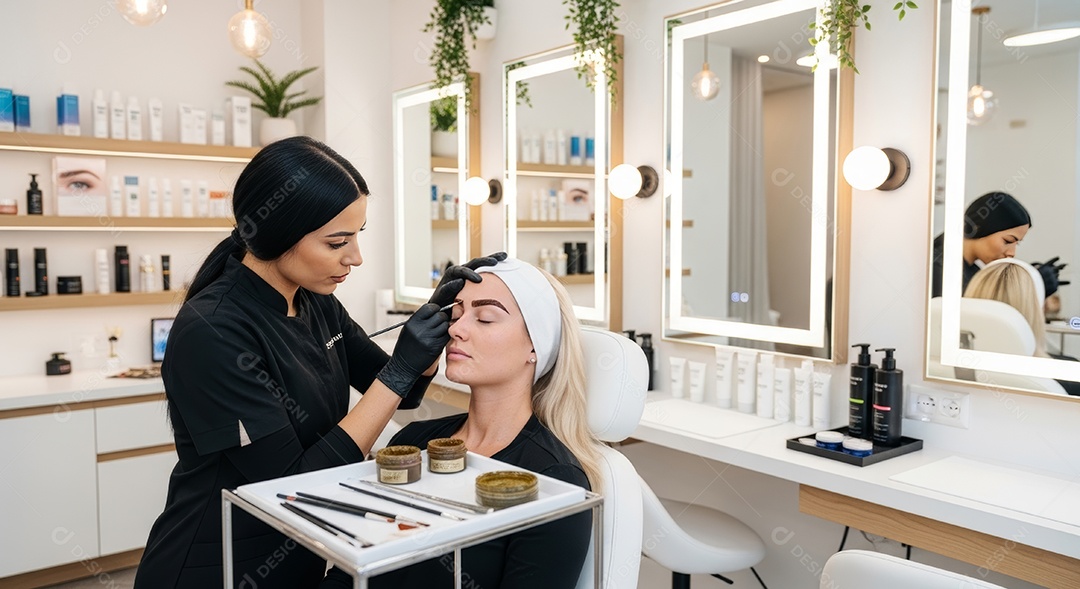 Lindas mulheres em procedimento de beleza comum para sobrancelhas.