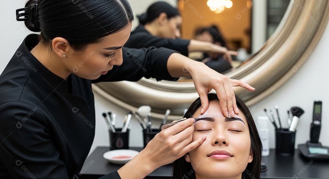 Lindas mulheres em procedimento de beleza comum para sobrancelhas.