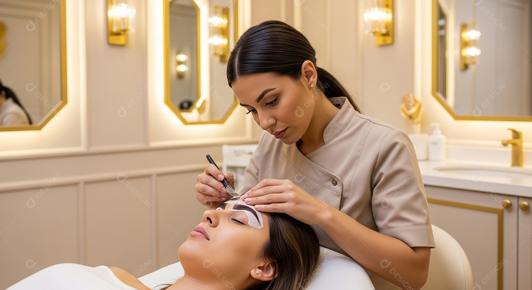 Lindas mulheres em procedimento de beleza comum para sobrancelhas.