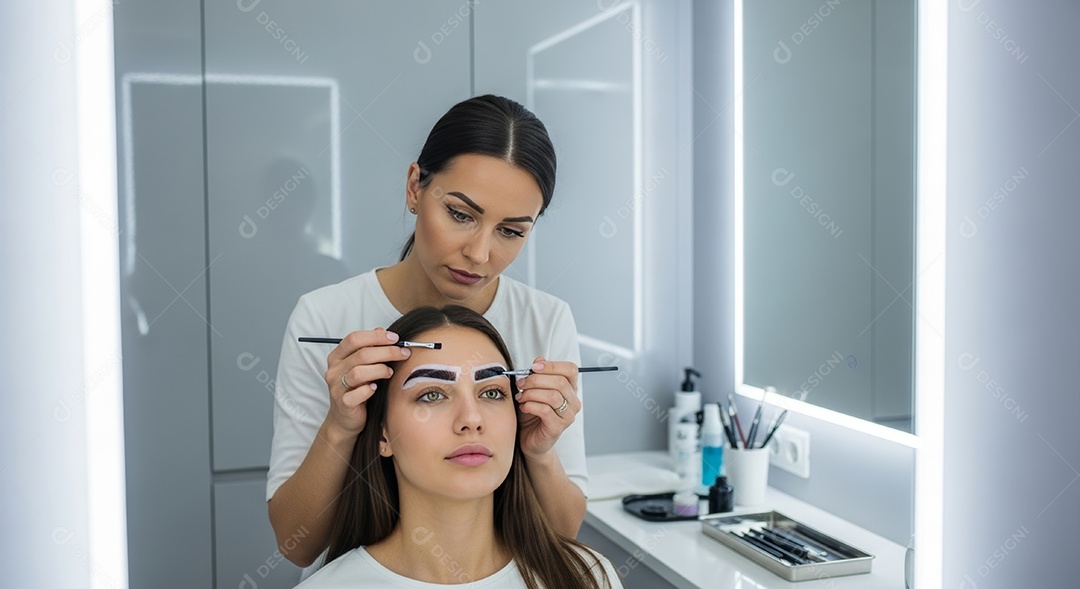 Lindas mulheres em procedimento de beleza comum para sobrancelhas.