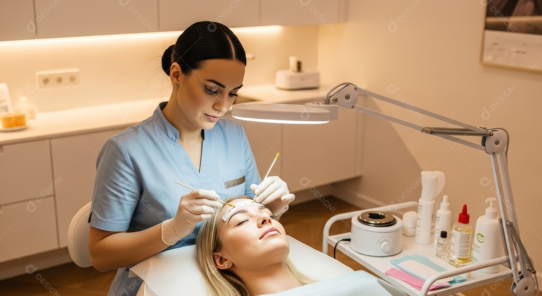 Lindas mulheres em procedimento de beleza comum para sobrancelhas.
