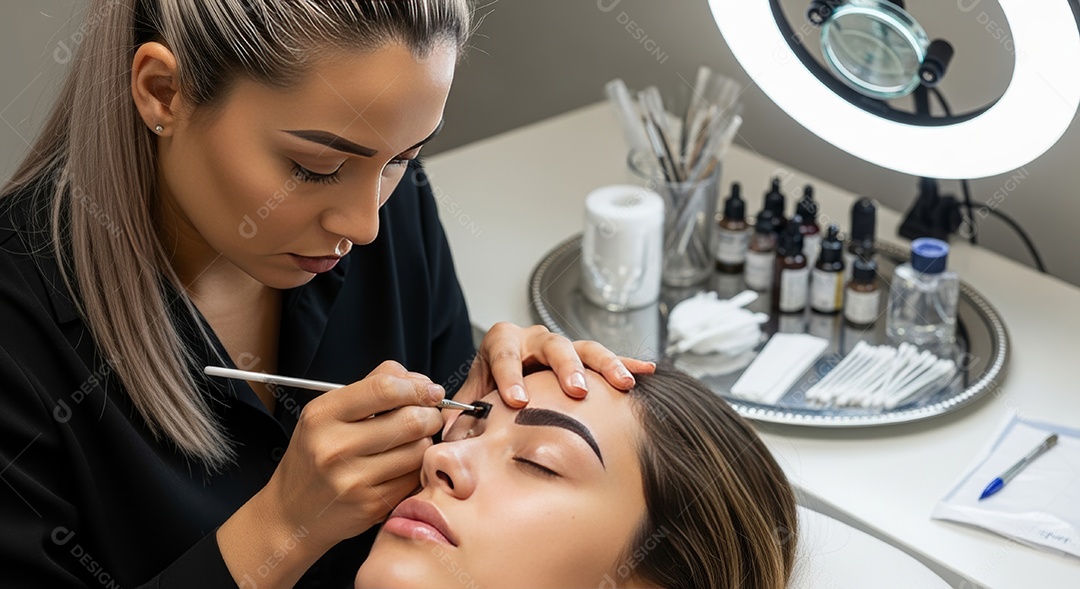 Lindas mulheres em procedimento de beleza comum para sobrancelhas.