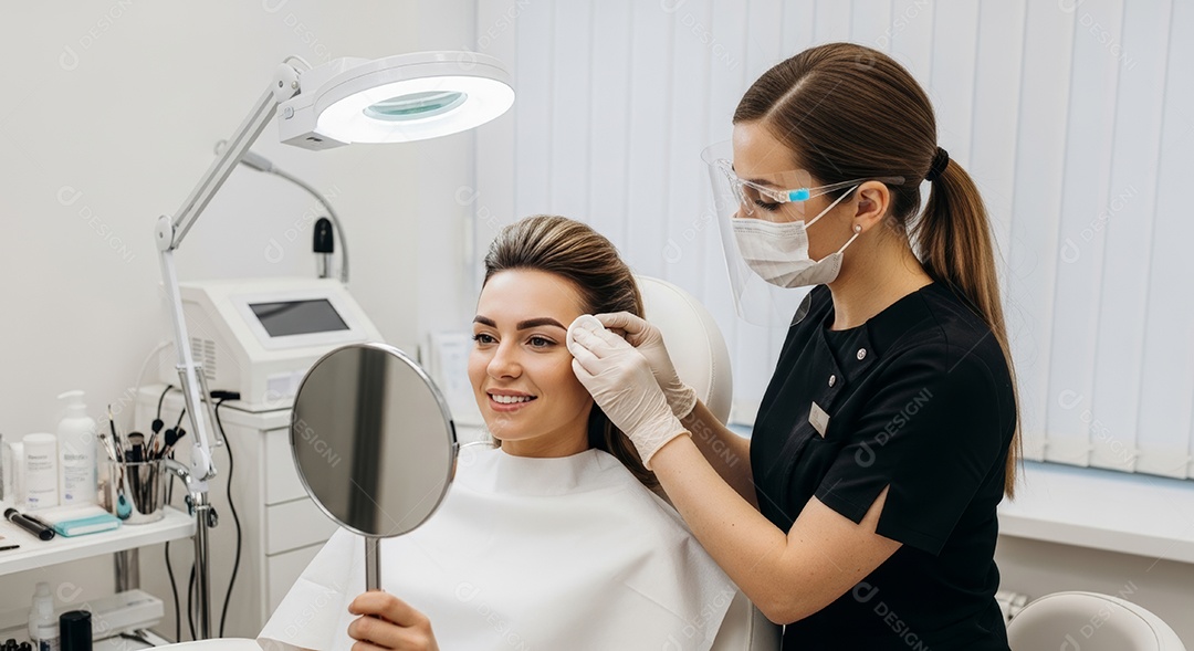 Lindas mulheres em procedimento de beleza comum para sobrancelhas.