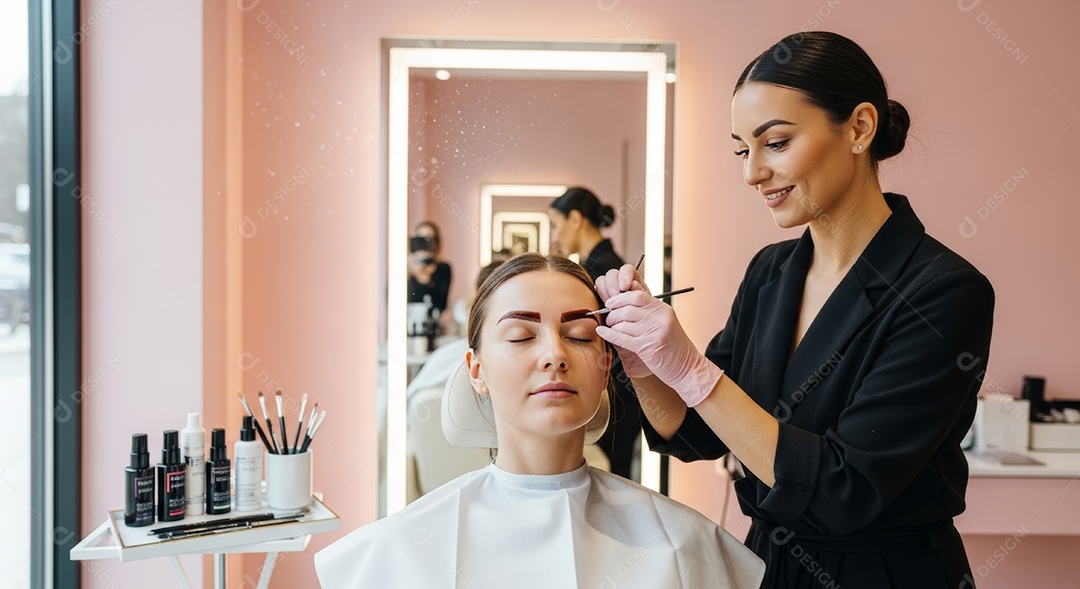 Lindas mulheres em procedimento de beleza comum para sobrancelhas.