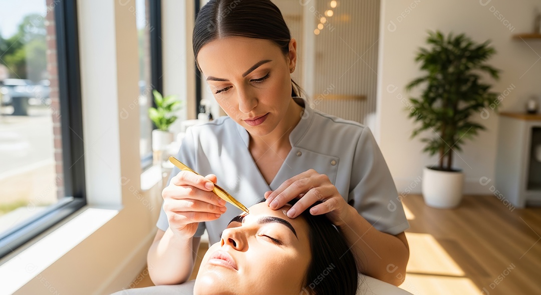 Lindas mulheres em procedimento de beleza comum para sobrancelhas.