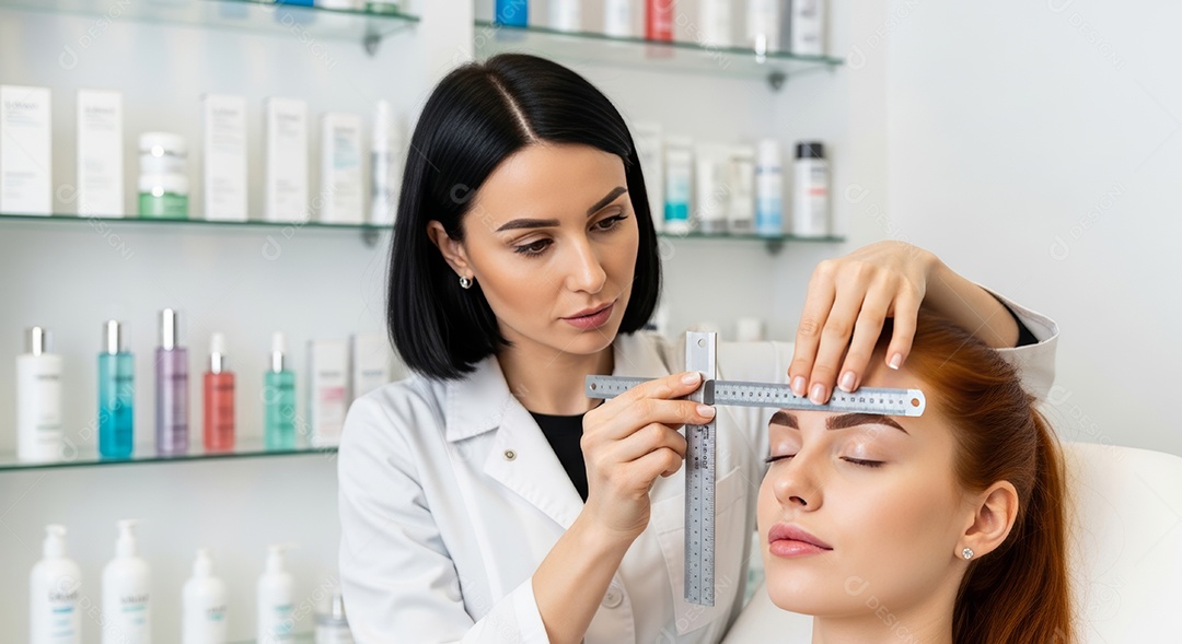 Lindas mulheres em procedimento de beleza comum para sobrancelhas.