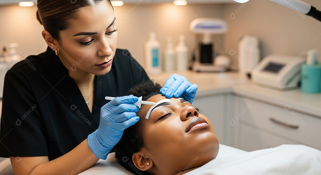 Lindas mulheres em procedimento de beleza comum para sobrancelhas.