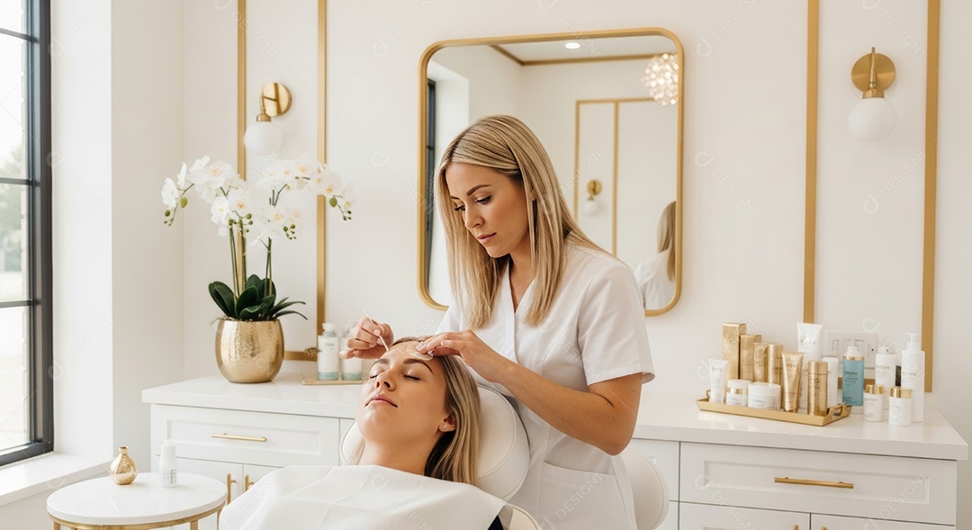 Lindas mulheres em procedimento de beleza comum para sobrancelhas.