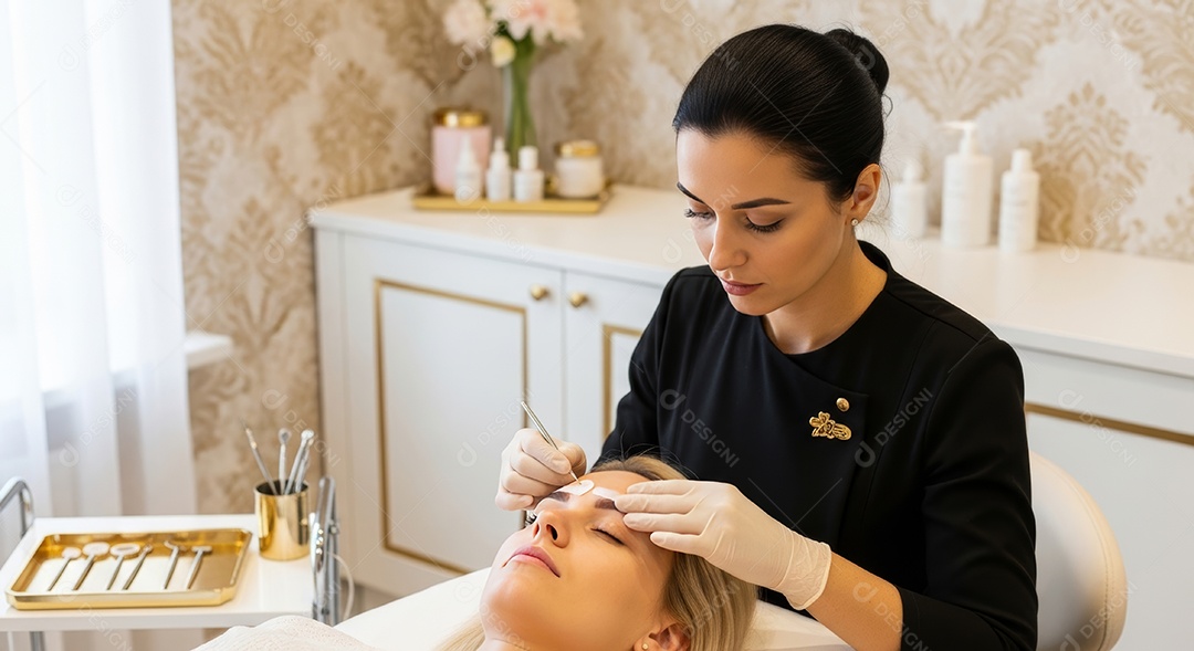 Lindas mulheres em procedimento de beleza comum para sobrancelhas.
