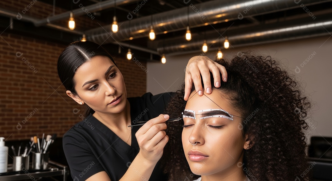 Lindas mulheres em procedimento de beleza comum para sobrancelhas.