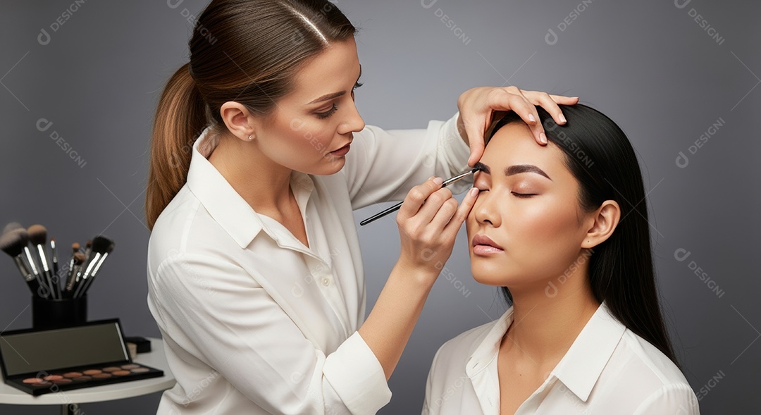 Lindas mulheres em procedimento de beleza comum para sobrancelhas.