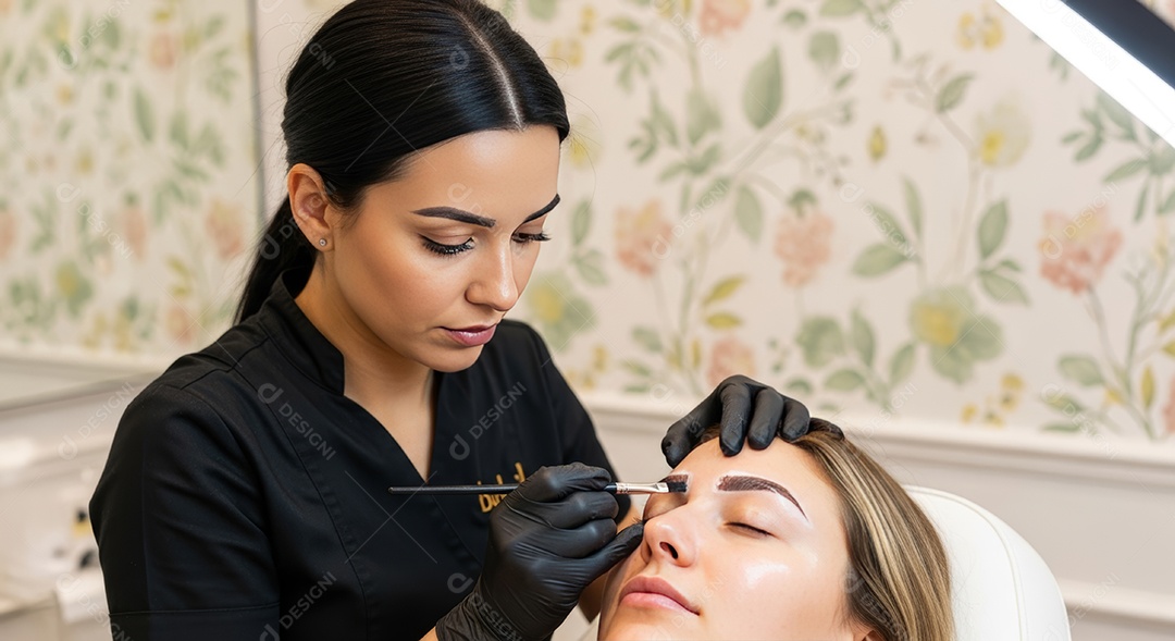 Lindas mulheres em procedimento de beleza comum para sobrancelhas.