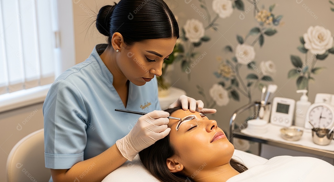 Lindas mulheres em procedimento de beleza comum para sobrancelhas.