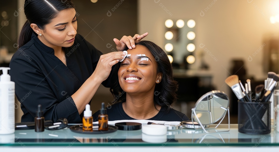Lindas mulheres em procedimento de beleza comum para sobrancelhas.