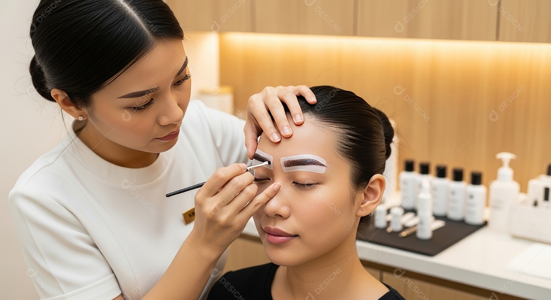 Lindas mulheres em procedimento de beleza comum para sobrancelhas.