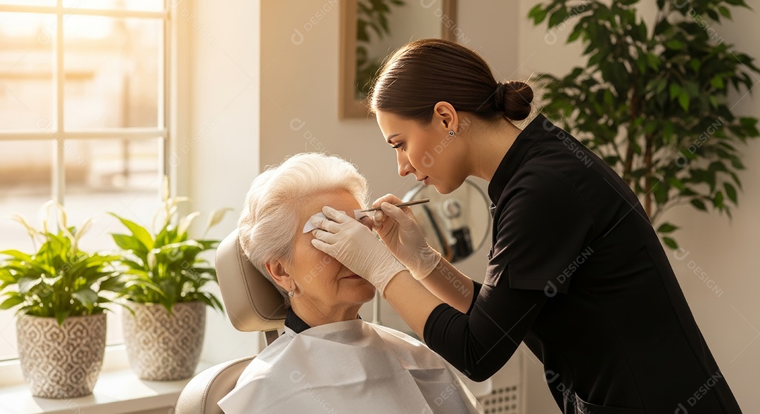 Lindas mulheres em procedimento de beleza comum para sobrancelhas.