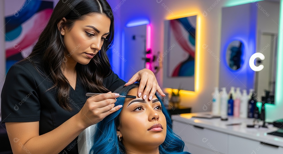 Lindas mulheres em procedimento de beleza comum para sobrancelhas.
