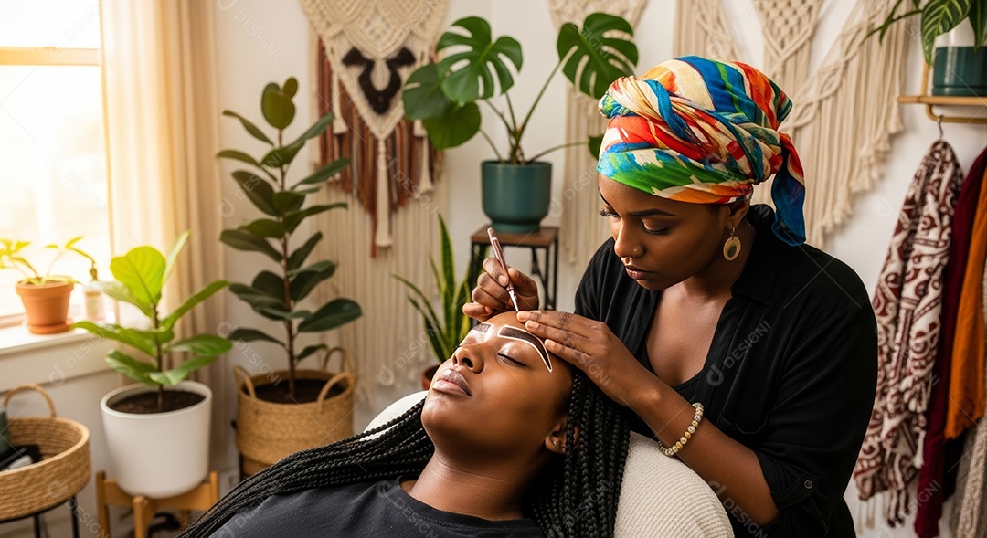 Lindas mulheres em procedimento de beleza comum para sobrancelhas.