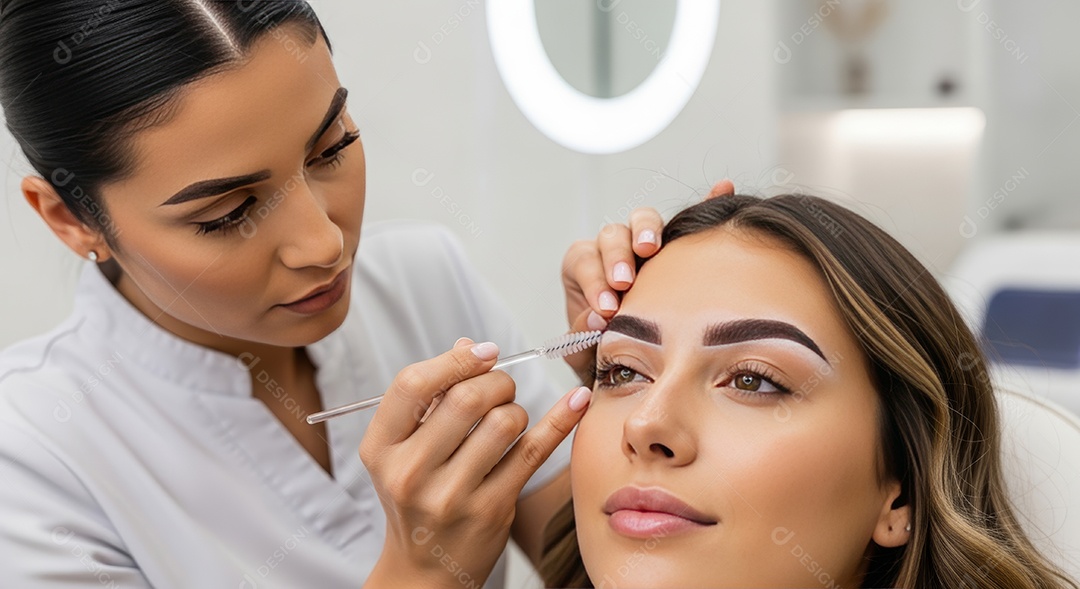 Lindas mulheres em procedimento de beleza comum para sobrancelhas.