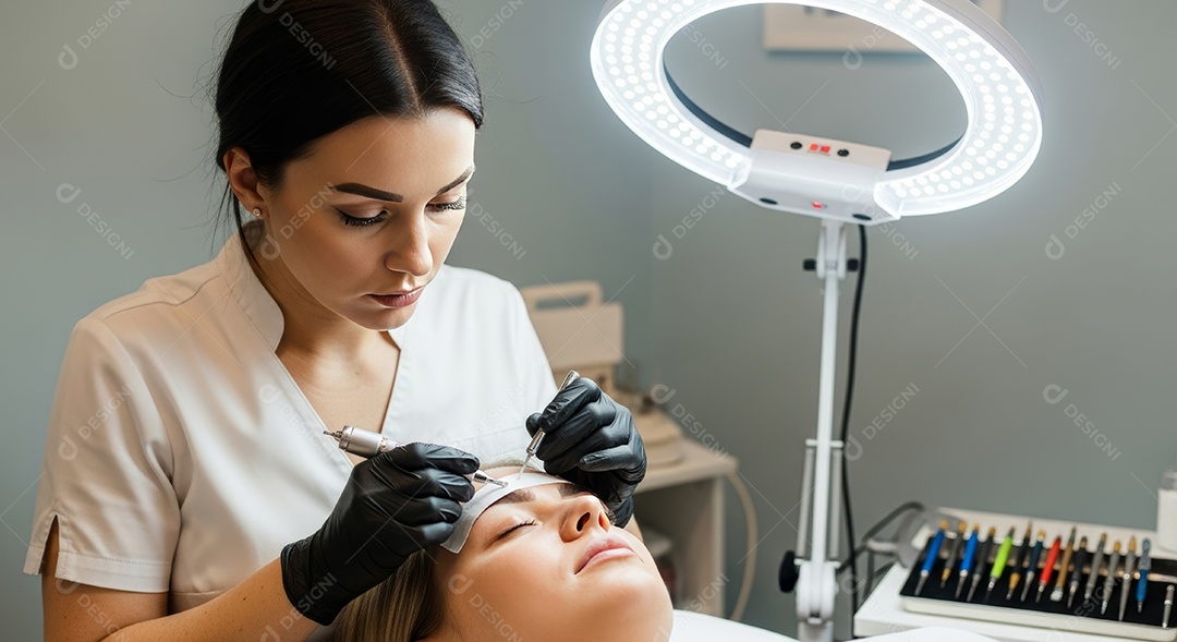 Lindas mulheres em procedimento de beleza comum para sobrancelhas.