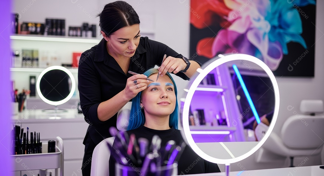 Lindas mulheres em procedimento de beleza comum para sobrancelhas.