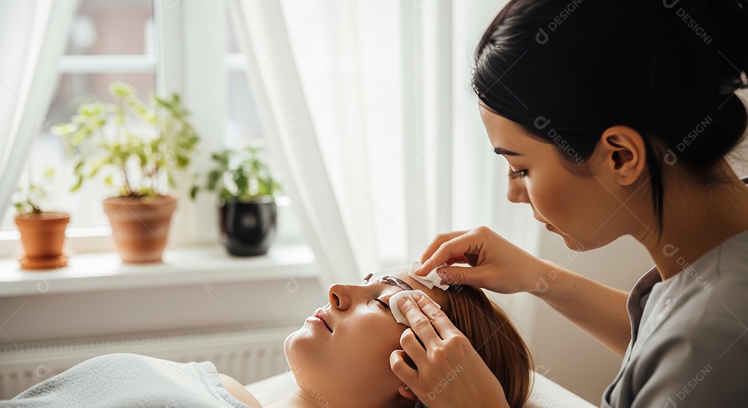 Lindas mulheres em procedimento de beleza comum para sobrancelhas.