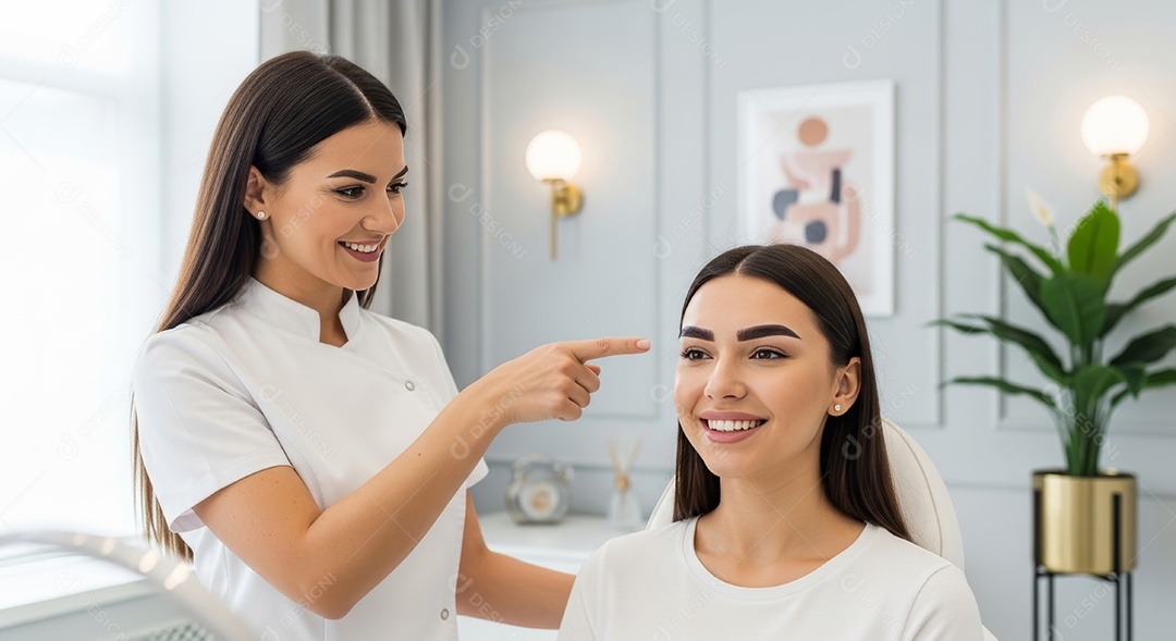 Lindas mulheres em procedimento de beleza comum para sobrancelhas.