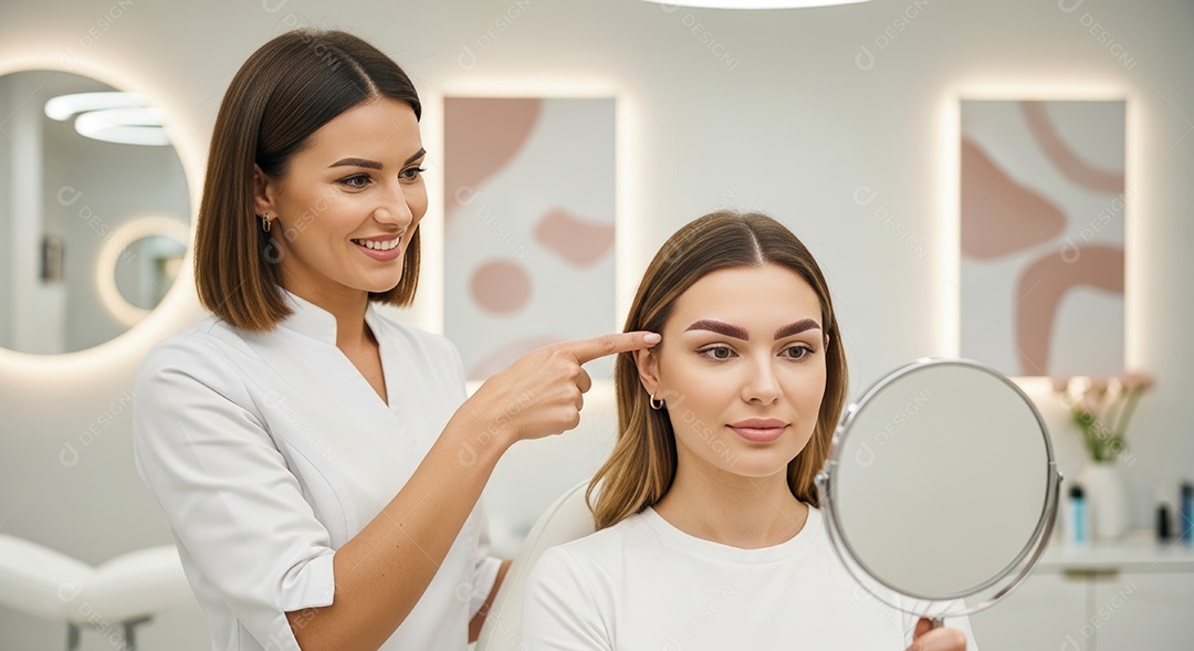 Lindas mulheres em procedimento de beleza comum para sobrancelhas.