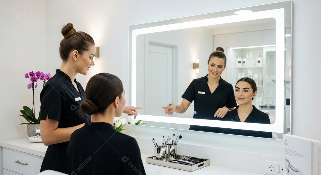 Lindas mulheres em procedimento de beleza comum para sobrancelhas.