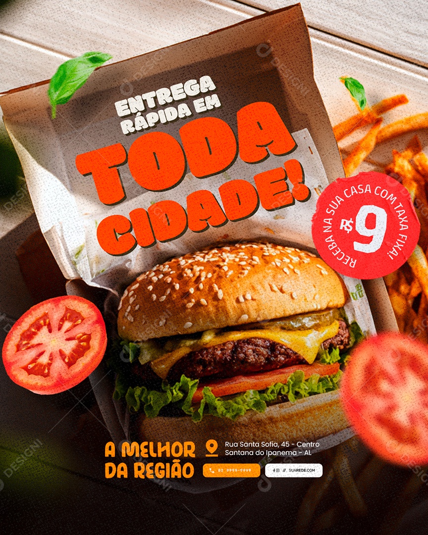 Deliver Hamburgueria Entrega Rápiuda em Toda Cidade Social Media PSD Editável