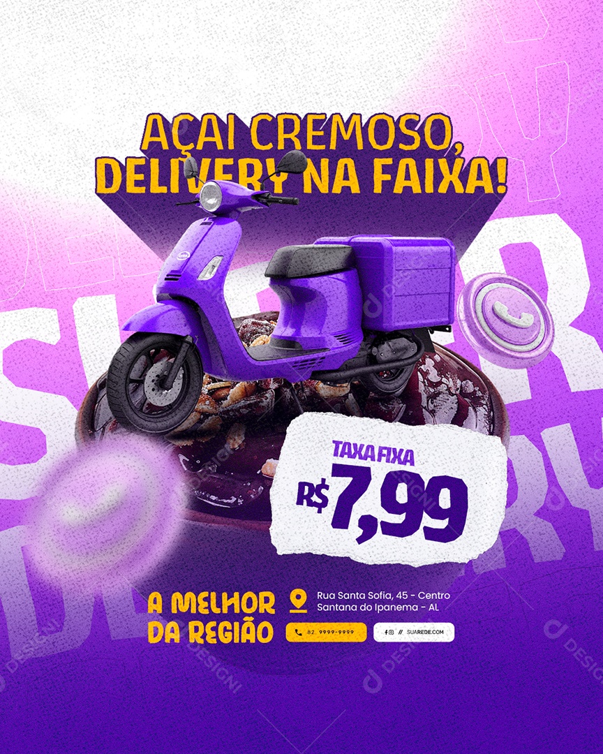 Açaiteria Açaí Cremoso Delivery na Faixa Social Media PSD Editável
