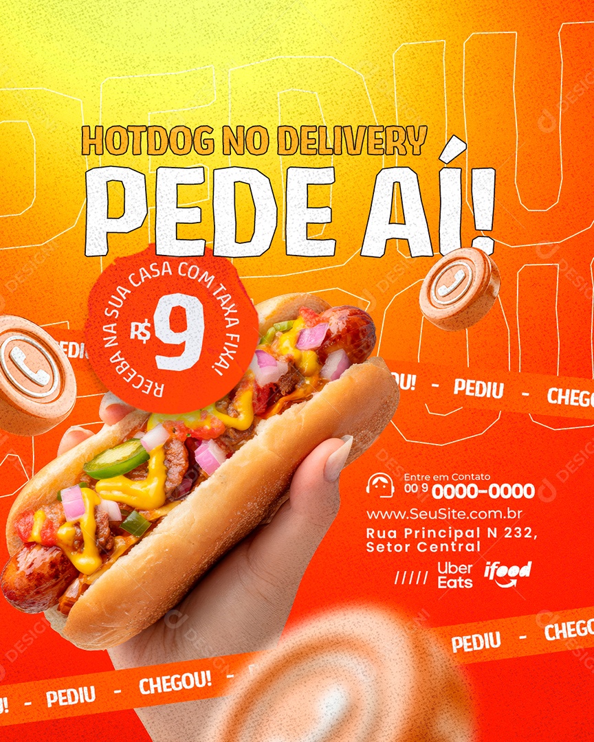 Dogueria Hotdog no Delivery Pede Aí Social Media PSD Editável