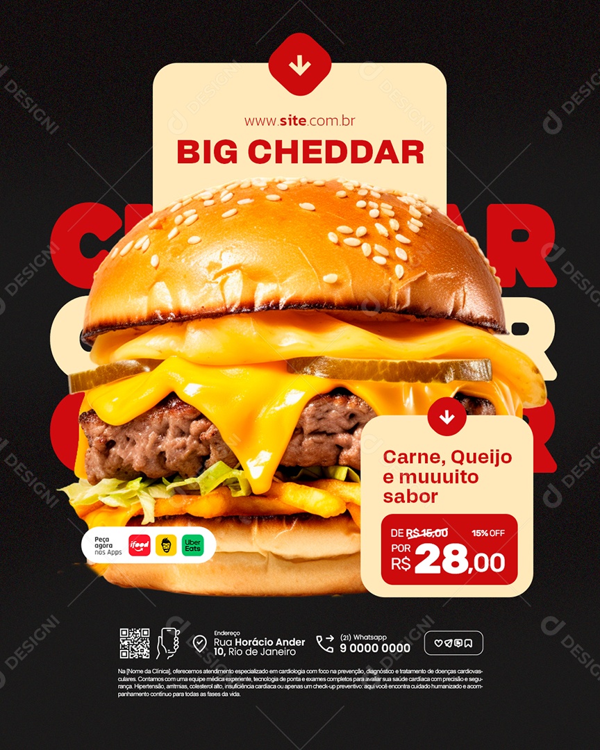 Hamburgueria Big Cheddar Carne Queijo e Muito Sabor Social Media PSD Editável