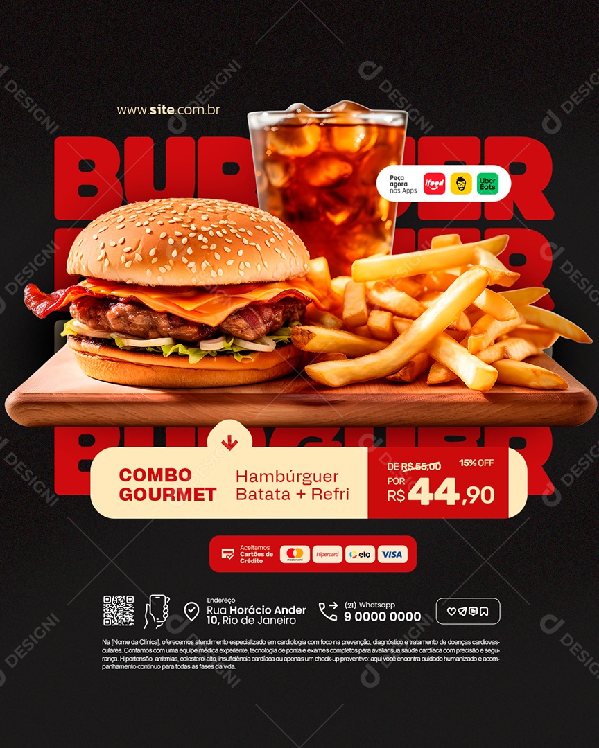 Hamburgueria Combo Gourmet Hambúrguer Batata e Refri Social Media PSD Editável