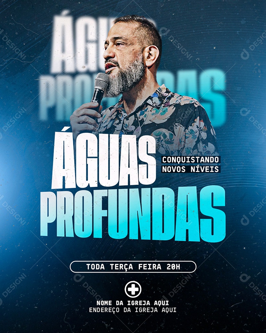 Flyer Gospel para Divulgação de Culto Águas Profundas Evangélico PSD Editável