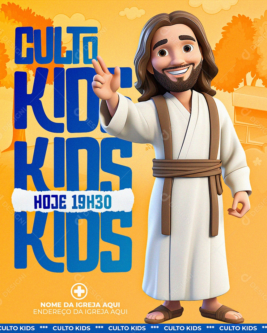 Flyer Gospel para Divulgação de Culto Kids Infantil PSD Editável