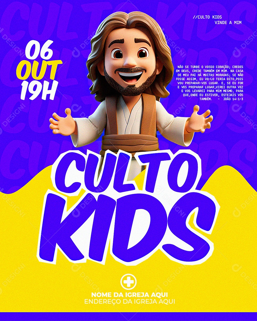 Flyer Gospel para Divulgação de Culto Kids realizado em Outubro PSD Editável