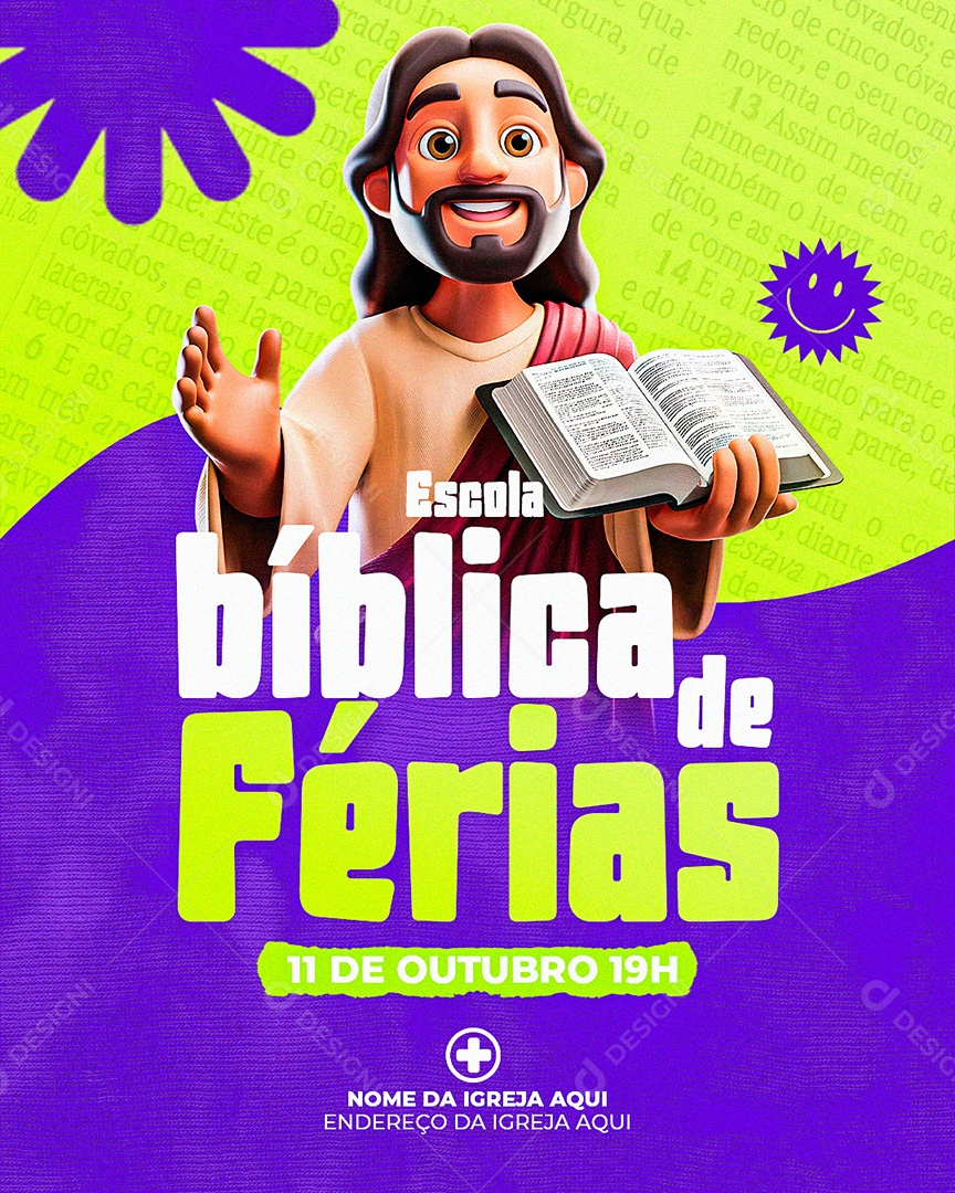 Flyer Gospel para Divulgação da Escola Bíblica de Férias Infantil PSD Editável