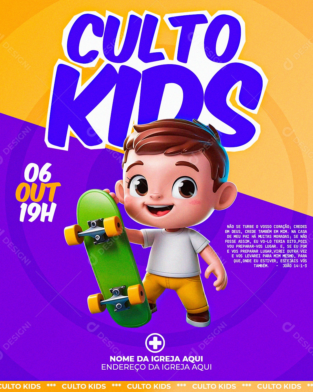 Flyer Gospel para Divulgação de Culto Kids Infantil PSD Editável