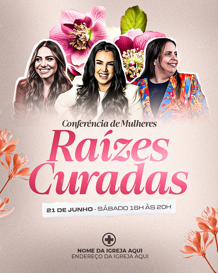 Flyer Gospel para Divulgação da Conferência de Mulheres Raízes Curadas PSD Editável