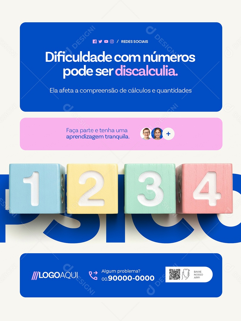 Psicopedagoga Dificuldade com Números Pode Ser Discalculia Social Media PSD Editável