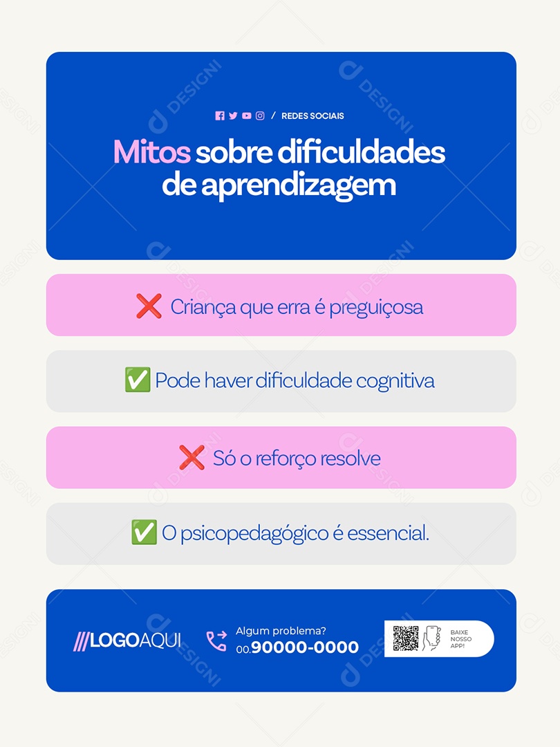 Psicopedagoga Mitos Sobre Dificuldades de Aprendizagem Social Media PSD Editável