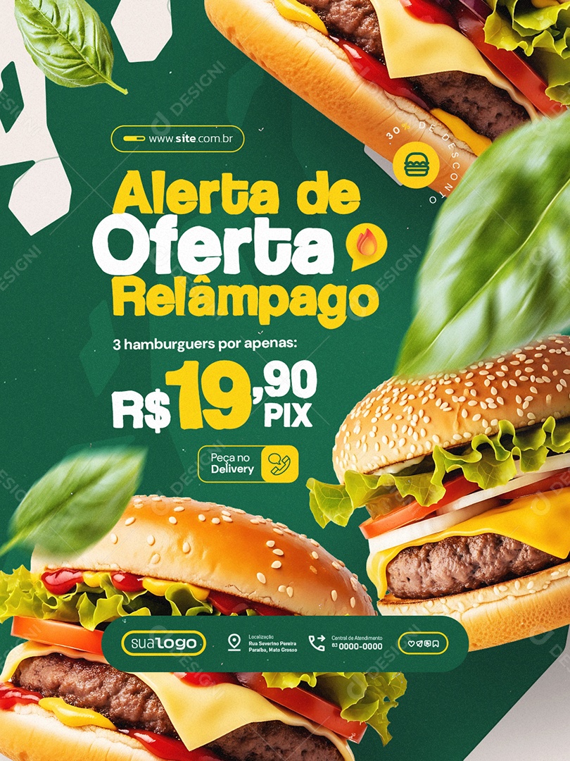 Hamburgueria Alerta de Oferta Relâmpago Social Media PSD Editável