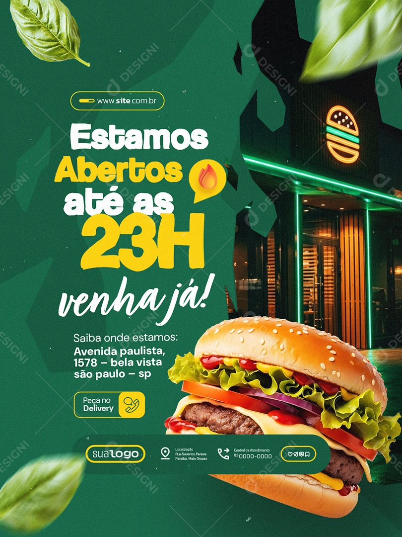 Hamburgueria Estamos Abertos Até as 23H Social Media PSD Editável