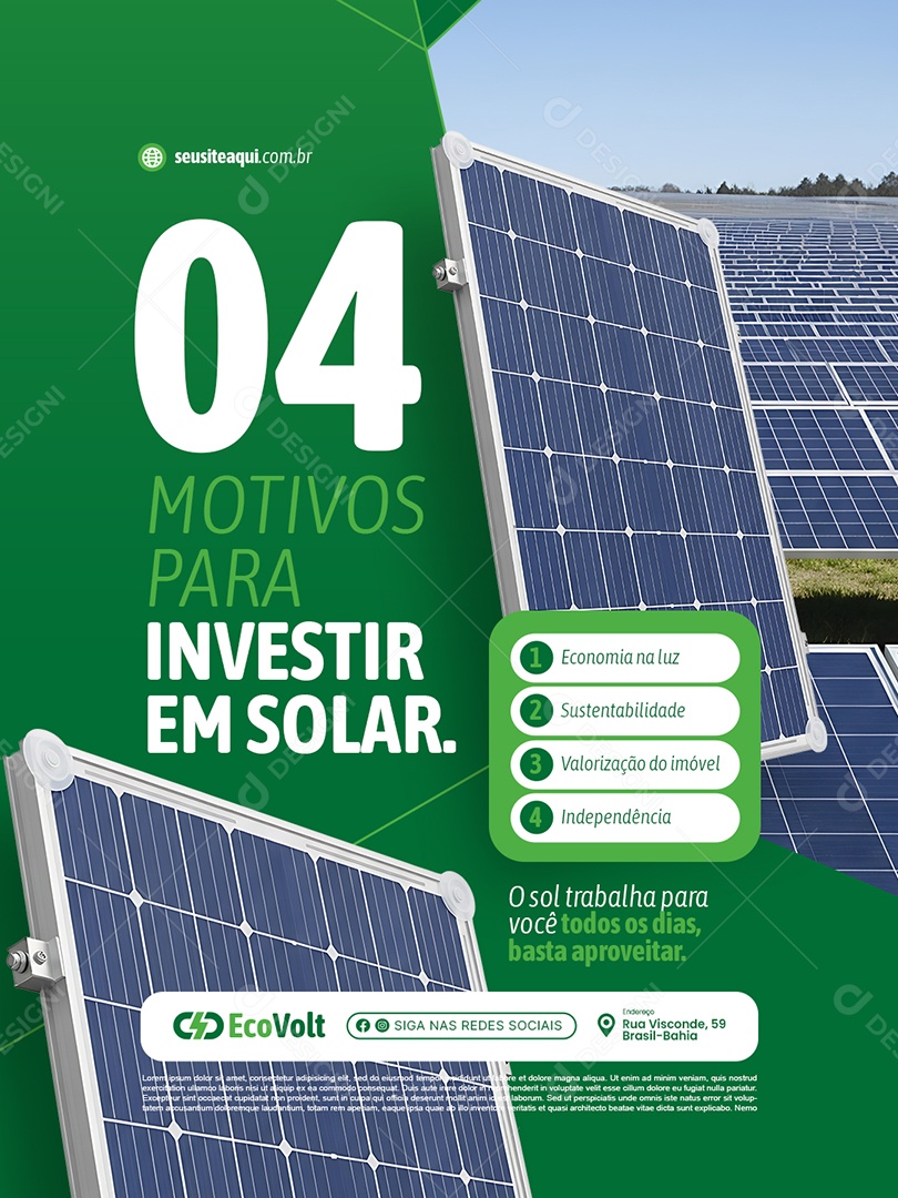 Energia Solar Quatro Motivos para Investir em Solar Social Media PSD Editável