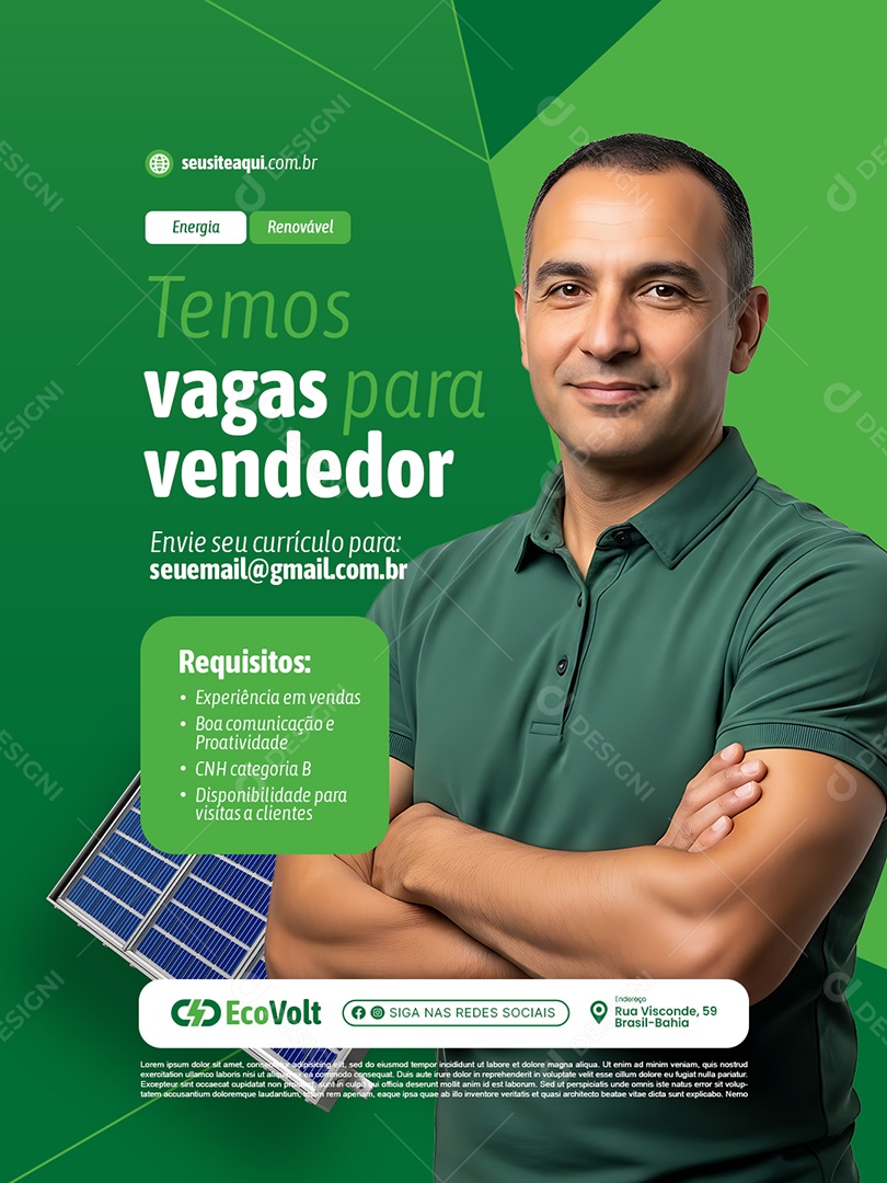 Energia Solar Temos Vagas para Vendedor Social Media PSD Editável