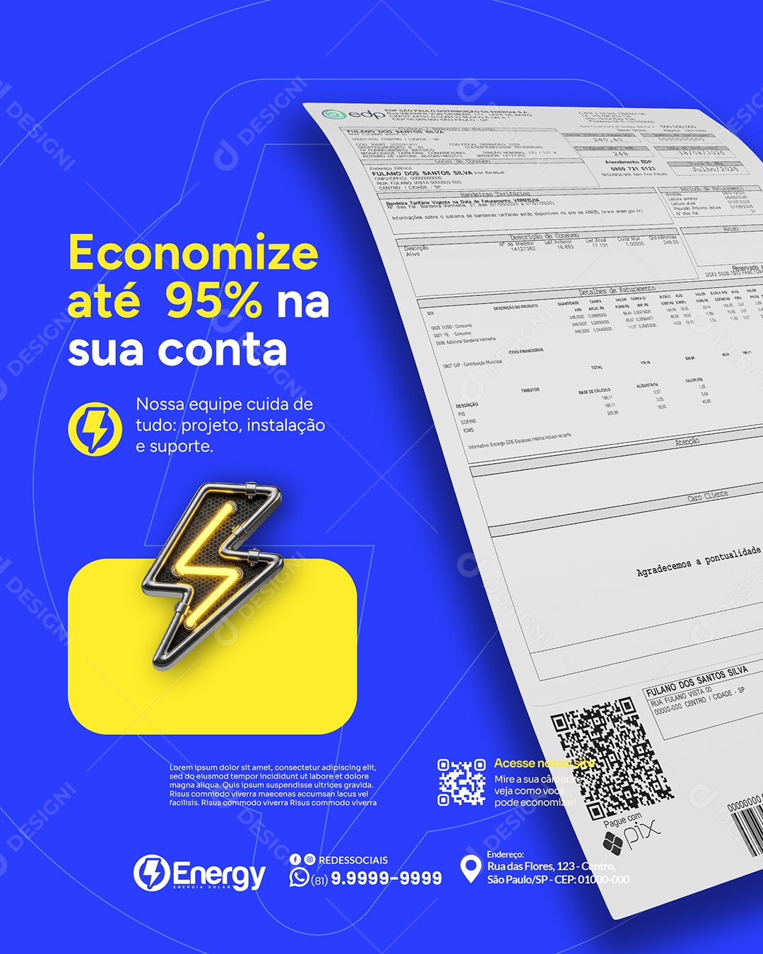 Energia Solar Economize Até 95 % Na Sua Conta Social Media PSD Editável