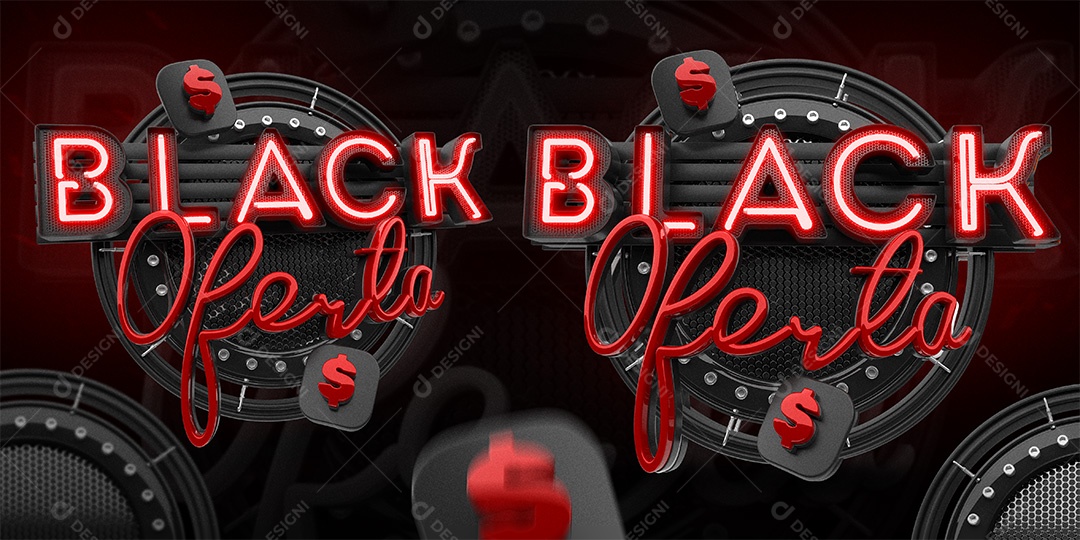 Black Oferta com Luz Neon Selo 3D para Composição PSD