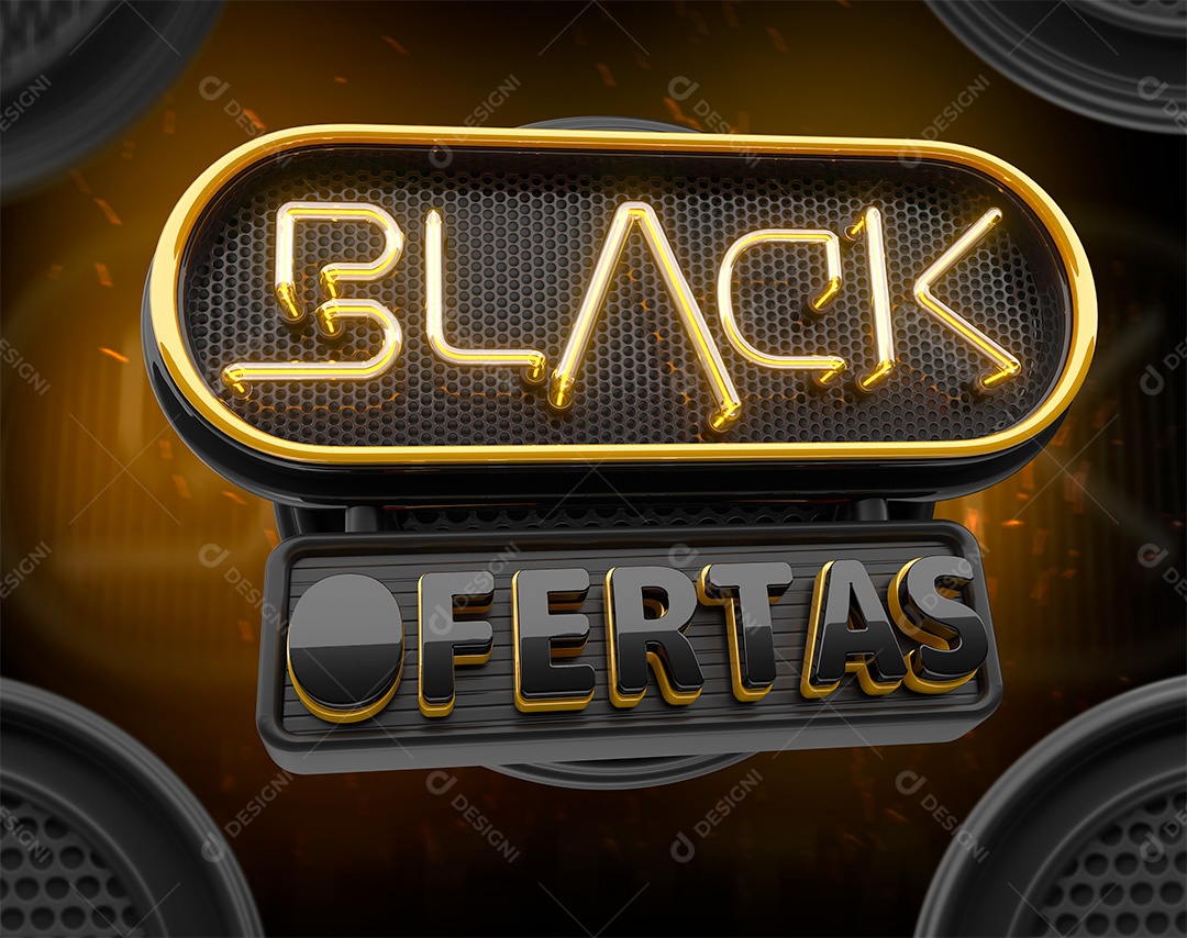 Black Ofertas Selo 3D Com Luz Neon Dourada para Composição PSD