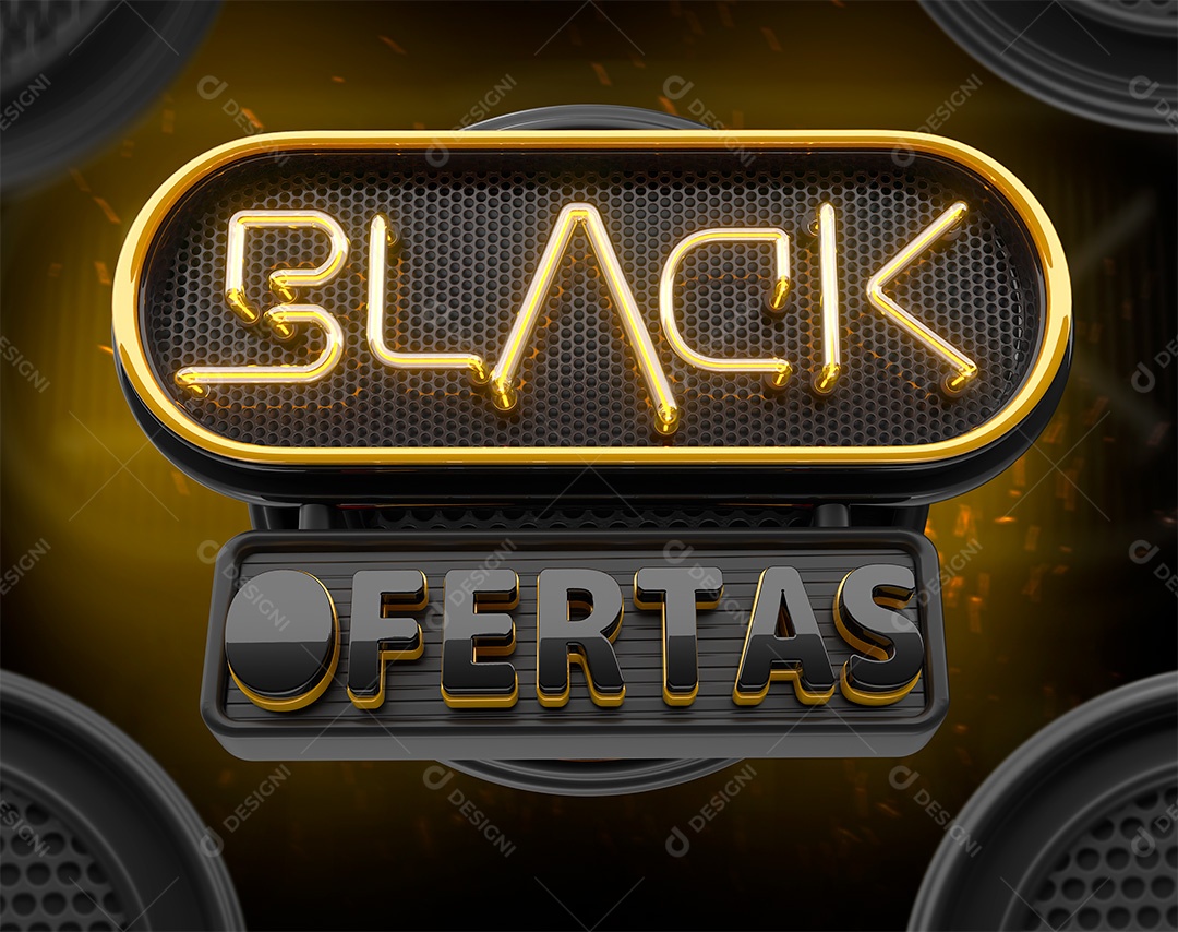 Black Ofertas Selo 3D Com Luz Neon Dourada para Composição PSD
